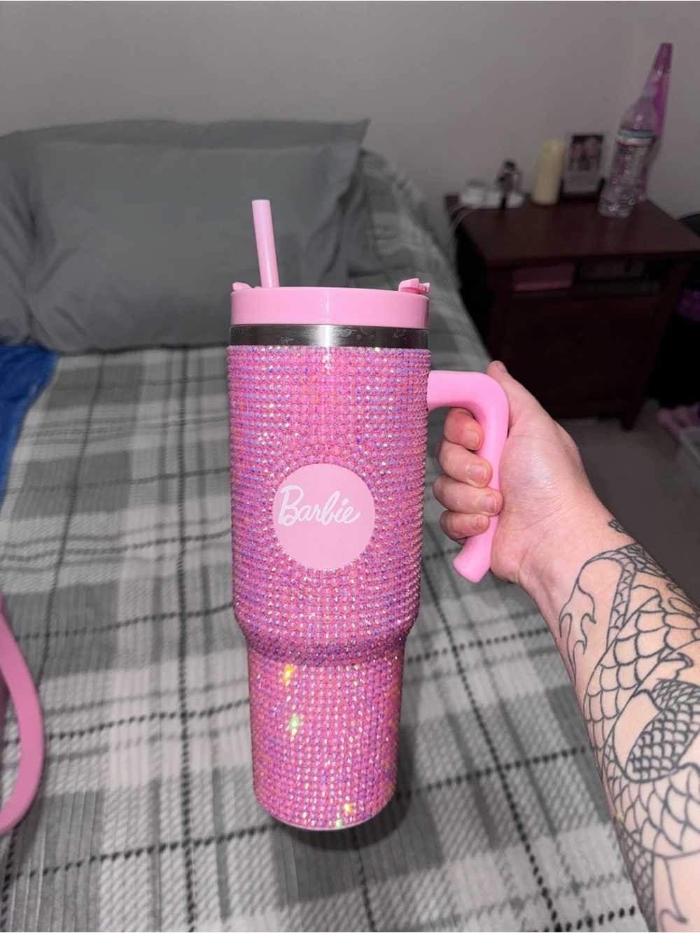 Barbie Pink Rhinestone Travel Mug with Handle and Straw